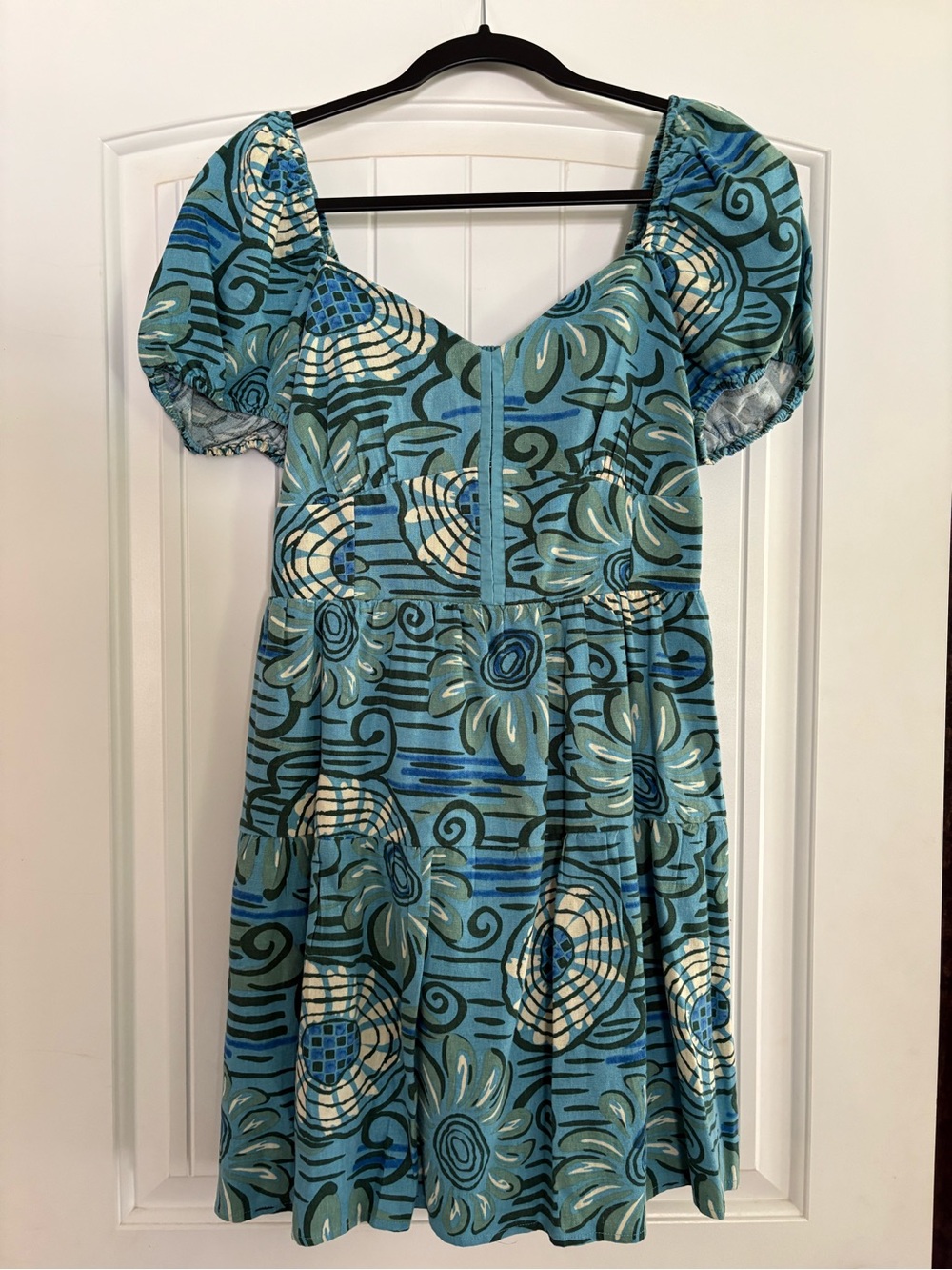 House of Harlow 1960 Teal Blue Floral Puff-Sleeve Linen Blend Mini Dress size M